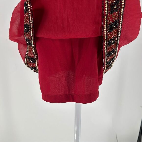 NBD Red Floral Black Gold Beaded Halter Cocktail Mini Dress Size Large - Picture 8 of 12